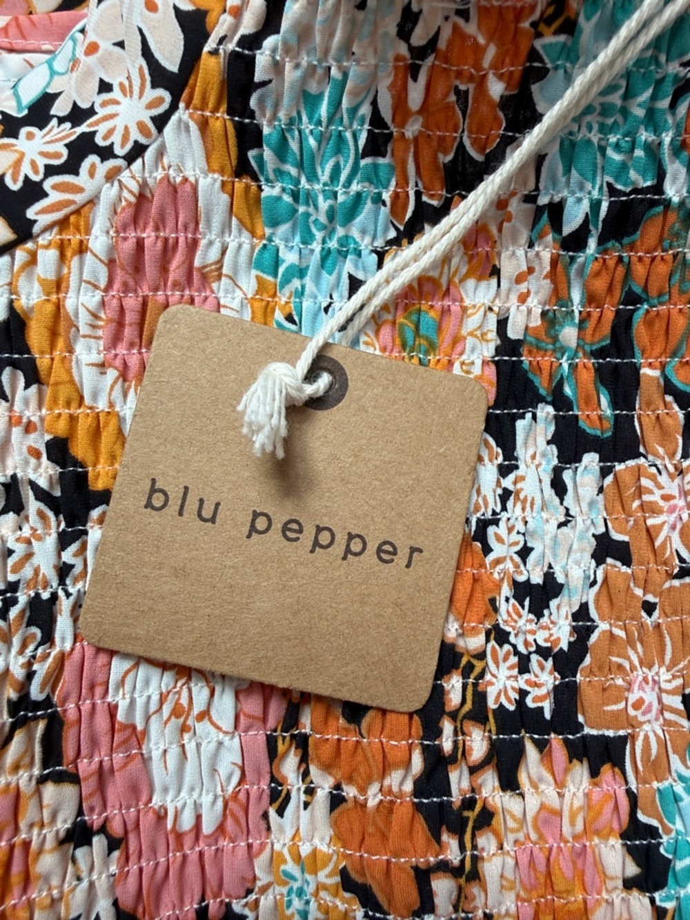 Blu Pepper Smocked Bodice Multi-Color Floral Square-Neck Mini Dress With Liner - Picture 5 of 5